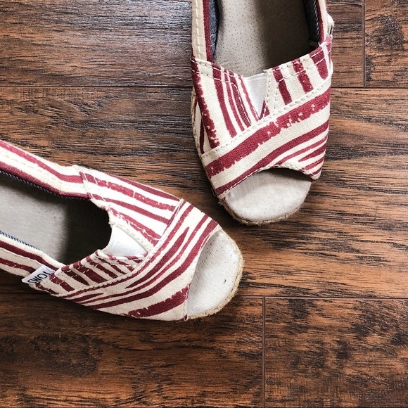 TOMS • Calypso canvas wedge espadrilles red stripe peep toe jute - Picture 2 of 7